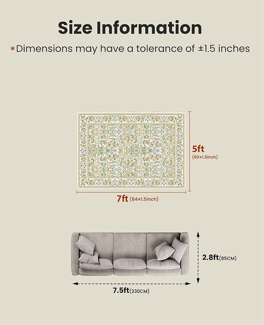 AMADA HOMEFURNISHING 5x7 Area Rug, Washable Living Room Rug with Non-Slip Backing, Low Pile and Durable Edge Binding, Vintage Soft Floral Rugs for Living Room, Bedroom, Dining Room