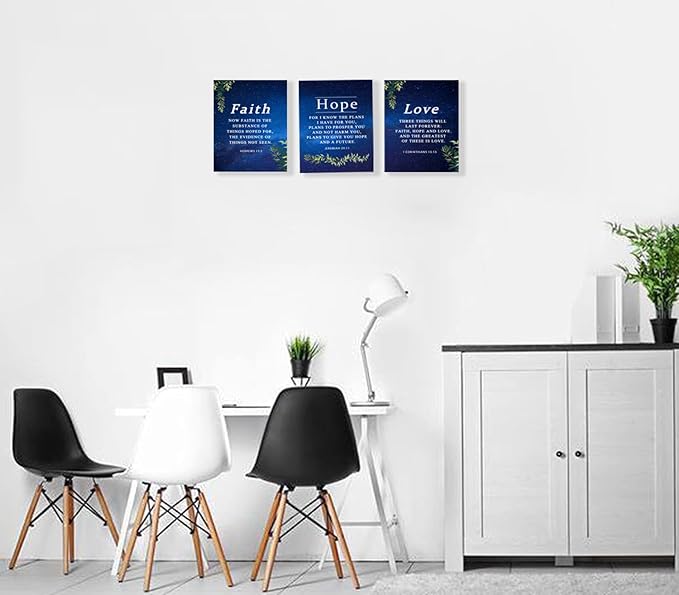 Faith, Hope & Love Bible Verse Inspirational Wall Art, Christian Canvas Decor Gift for Living Room Bedroom (8 X 10in X 3 pcs) Framed (Starry Sky)