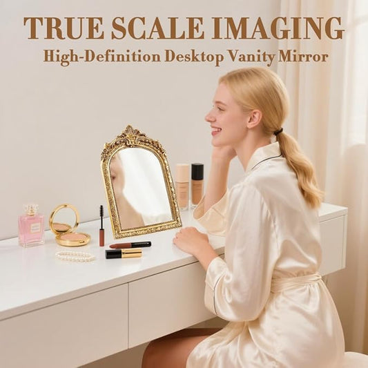 YUSONG Vintage Desk Mirror – 8" Gold Antique Tabletop Mirror with Resin Frame, Decorative Wall Art for Living Room Bedroom Vanity Desk Decor, Birthday Gift