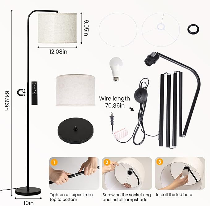 Floor Lamp for Living Room and Bedroom - Modern Standing Lamps Tall with Dimmable LED Bulb and Remote Control - Black Stand Arc Light With Shade for Reading Home Decor Corner and office(Black)