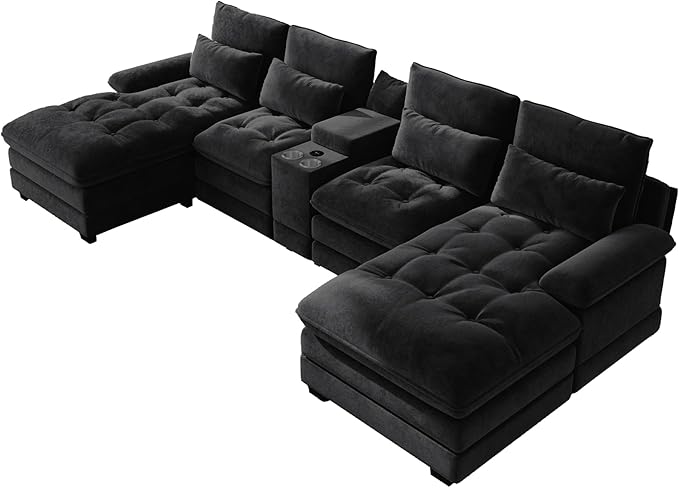 134"U Shaped Sectional Couches for Living Room,Oversized Modular Sectional Fluffy Couch with Chaise Lounge & Tufted Buttons,Modern Chenille 6 Seat Living Room Sofa Set with Storage Console,Black