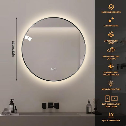 Round LED Bathroom Mirror with Gold Frame, 24V Backlight, 3 Color Temperatures, Dimmable, Memory Function, Defogging (Black Border, 32" L x 32" W)