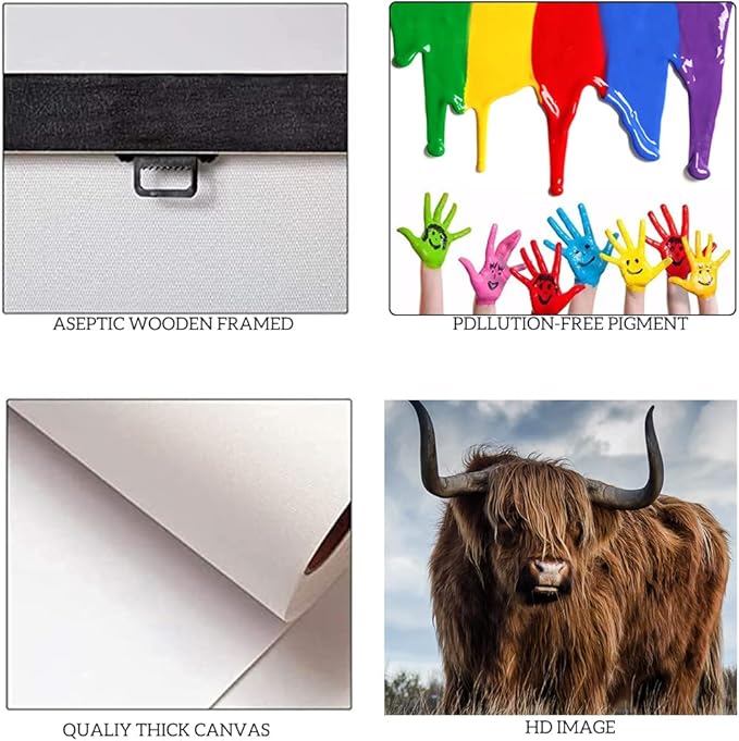Large Wall Art 3 Panels Cow Pictures Wall Decor Highland Cow Canvas Art Vintage Farm Cattle Posters Animal Painting Canvas Prints Decor, Framed 24'' Wx36''Hx3pcs