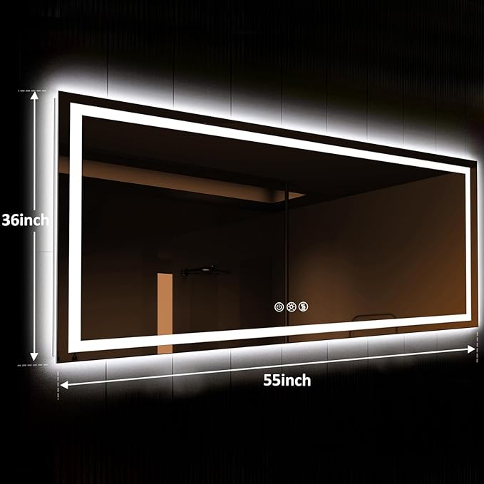ROOMTEC 55x36 LED Bathroom Mirror with Lights, Vanity Mirror with Front and Backlight, Smart Dimmable Anti-Fog LED Mirror for Bathroom, Memory Function, Tempered Glass (Horizontal)