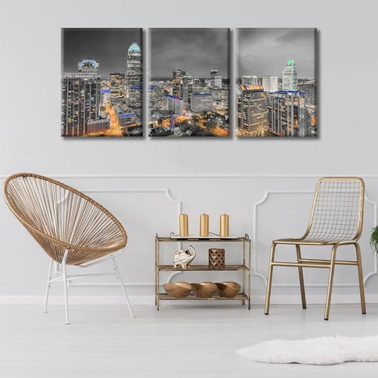 TUMOVO Charlotte North Carolina Skyline Black and White Wall Art 3 Pieces Nighttime Lightscape Bedroom Living Room City Skyline Wall Decor for Living Room Framed Ready to Hang (36" Wx16 H)