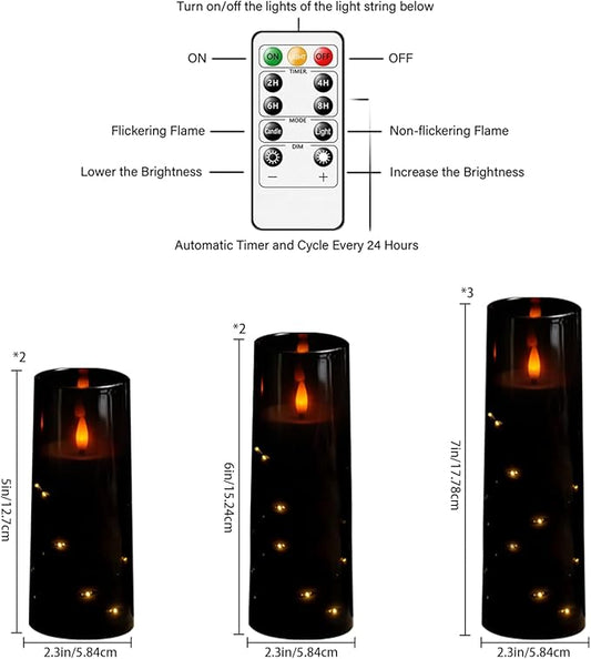 Flameless Candles,with Embedded Star String, Battery Operated Candles Flickering LED Pillar Candles with Remote Control and Timer, Home Decoration Add a Warm and Romantic Atmosphere,Set of 7 (Black)