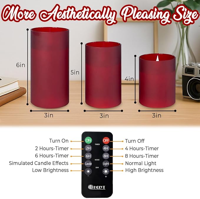 LEDHOLYT Rechargeable Flameless Candle, Flickering LED Pillar Glass Fake Candle with Remote and Timer, Built-in Battery Real Wax Electronic Candle for Room Decoration, Set of 3