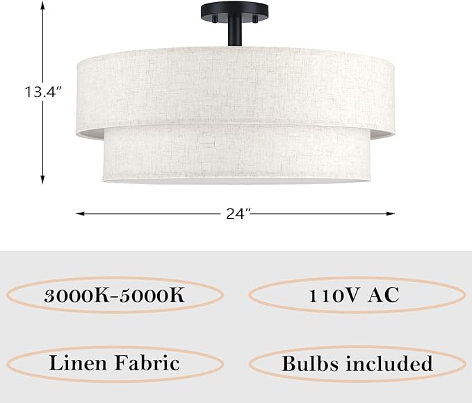 24 Inch LED 28W Adjustable 3000/4000/5000 Black Double Drum Linen Fabric Shade Semi Flush Mount Close to Ceiling Light Fixture for Bedroom,Living Room,Dining Room Hallway