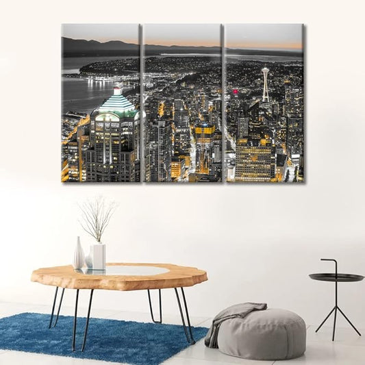 TUMOVO Seattle City Skyline Artwork Wall Decor 3 Piece American Skyscrapers Cityscape Pictures Black and White Wall Art Nighttime Lightscape Posters and Prints Framed Ready to Hang (42" Wx28 H)