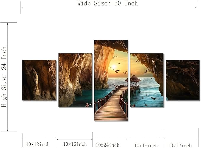 Yatsen Bridge 5 Panels Seascape Wall Art for Living Room Sunset and Seagulls Landscape Pictures Canvas Prints Artwork Modern Beach Home Decor Wooden Framed Ready to Hang - 50''W x 24''H