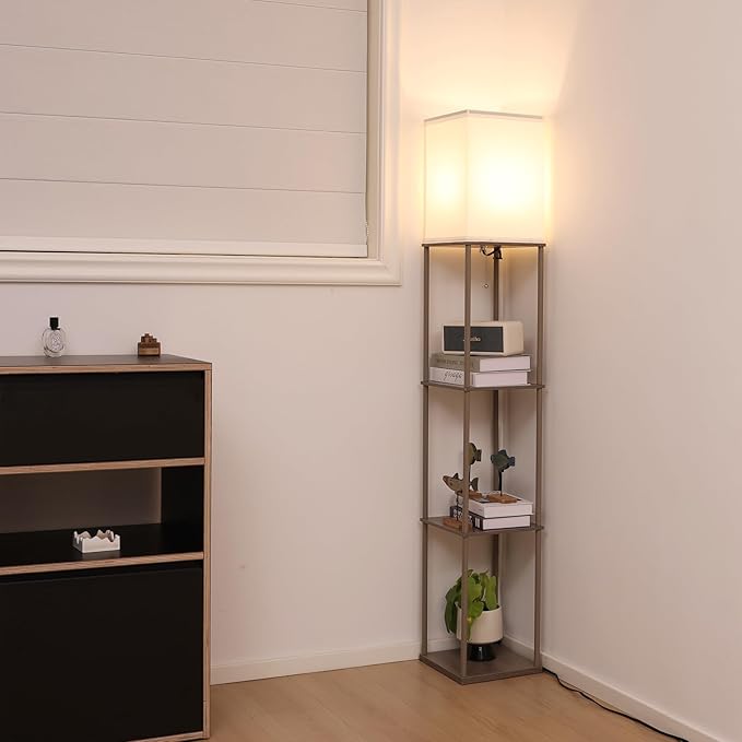 Gupuzm Floor Lamp with Shelves, Modern Square Standing Lamp with 3 Color Temperature Bulb, Corner Display Bookshelf Lamp for Living Room, Bedroom and Office (Grey)