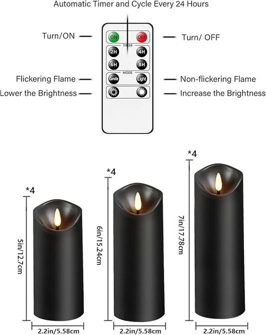 Nimiko Flameless Candles with Remote, Battery Operated Flickering Flameless Candles, LED Candles with Timer 2/4/6/8H, with Realistic LED Candles Set of 12 (D2.2 x H 5" 6" 7") (Black)