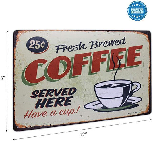 ARTCLUB Fresh Brewed Coffee Served Here, Metal Tin Sign, Vintage Antique Plaque Poster Kitchen Home Cafe Wall Decor
