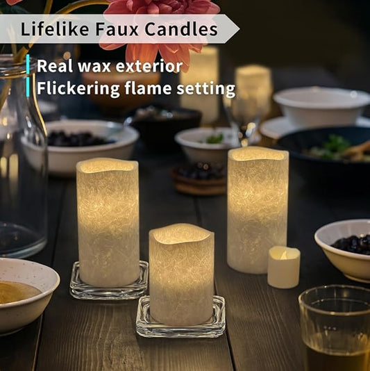 FURORA LIGHTING White Crystallized Flameless Candles - Real Wax, Adjustable Brightness, Remote & Timer - 4 Pillars (3x4, 3x6) and 4 Votives, 8-Pack, Battery Operated