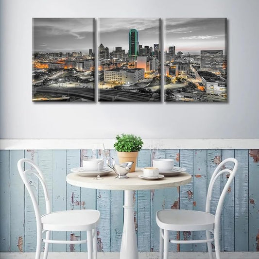 TUMOVO Dallas Texas USA Downtown Skyline Modern Home Decor 3 Panels Skyscrapers Nighttime Lightscape Pictures Canvas Wall Art for Bedroom, Living Room, Office. Ready to Hang (36" Wx16 H)