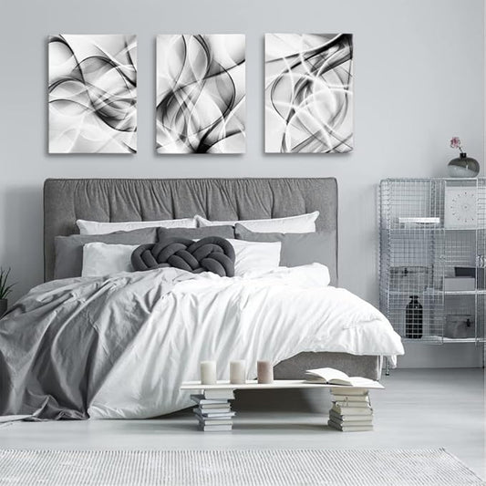 Creoate Black and White Grey Wall Art for Bedroom, 3 Panels Abstract Lines Art Canvas Print Artwork Set Modern Home Decoration for Bathroom Living Room, 12x16 Inches