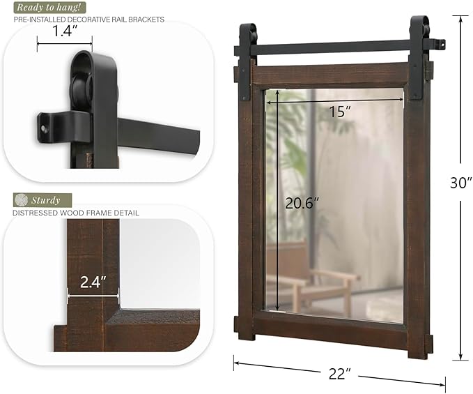 Besdomus Rustic Bathroom Wall Mirror: 22"x30" Brown Barn Door Solid Cedar Wood Frame Vanity Mirror - Farmhouse Decor for Hallway/Living Room/Bathroom Renovation - Wall Decor for Fashion-Conscious