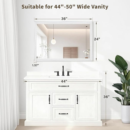 White Wood Effect Framed Wall Mirror, 24x36 Rectangle Mirror, Anti-desilvering Tempered Glass, Sustainable& Sturdy Frame, Farmhouse Mirror, Anti-Rust, 3min Fast Setup for Bathroom Living Room