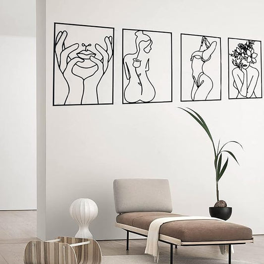 Glamativity 4 Pack Black Wall Art Décor, Minimalist Décor Single Line Art Wall Décor, Real Metal Wall Art, Woman's Body Shape Abstract Wall Art, for Kitchen Bedroom Living Room