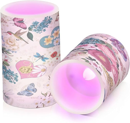 Beautiful Spring Flowers Butterflies Hummingbirds Flickering Flameless Candles Battery Operated with Remote Timer,Tea Light Candles LED Pillar Votive Candles set of 2 for Outdoor Indoor Decorations