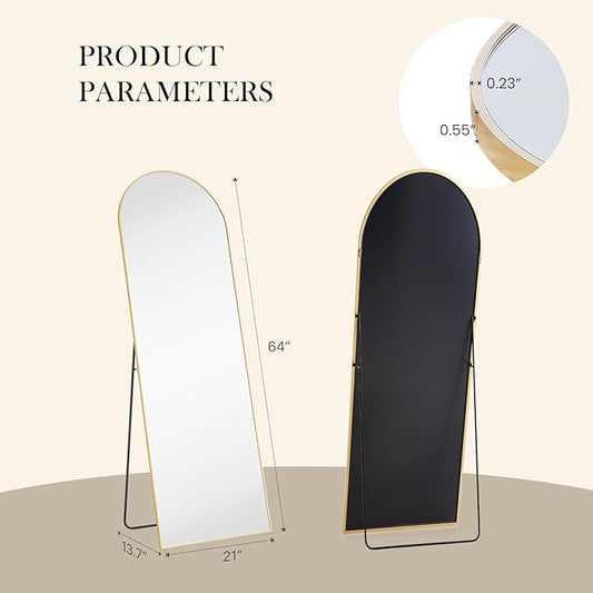 NEWBULIG Arched Mirror Full Length, 64"x21" Body Wall Mirrors with Shatter-Proof Glass, Upgraded Floor Standing Mirror, Hanging or Leaning, with Stand Aluminum Alloy Frame for Home Decor, Gold