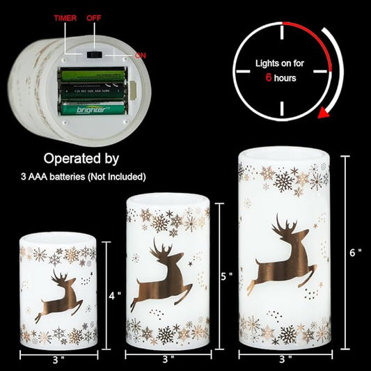 Gold Deer Flameless Flickering Candles Battery Operated with 6H Timer, 3 Pack Real Wax Warm Light LED Pillar Candles Dinner Tabletop Holiday Centerpiece Decor 3" x 6"