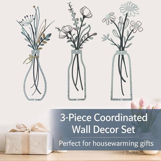 Nonforgetta Rustic Farmhouse Metal Flower Wall Art – Set of 3 Floral Decorations for Living Room, Bedroom, or Bathroom – Minimalist & Elegant Wall Décor Gift