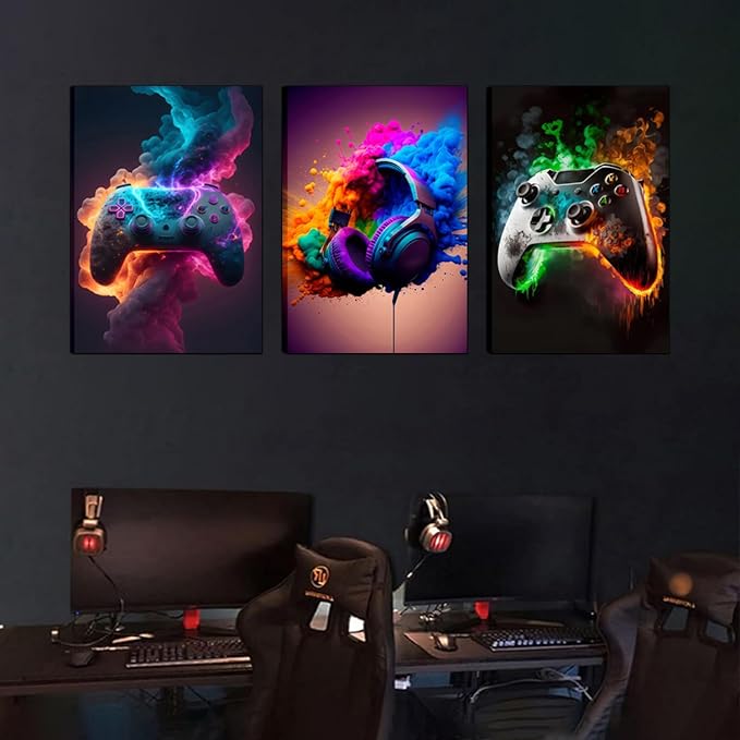 BGFCE Gaming Room Decor Canvas Wall Art Set of 3 - Cool Video Gaming Theme Wall Decor, Gamer Paintings Picture Print for Teen Boys Room 16x24 inch Framed