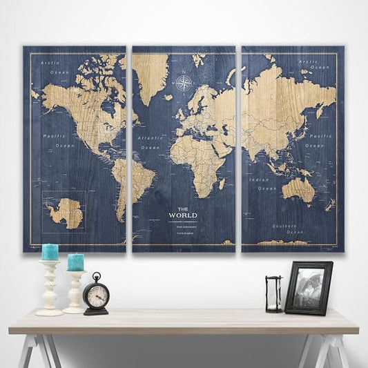 Conquest Maps World Travel Map with Pins Deep-Sea Drift Style Push Pin Travel Map Cork Board, Track Your Travels w/a Handmade Unique Canvas Pinable Map (54" x 36")