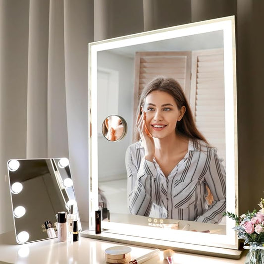 ANYHI Vanity Mirror with Lights, 22.4" x 28.1" Tabletop Vanity Mirror with Lights and Stand, 3 Color Modes, 10X Magnification, Smart Touch Control, Wall Mounted/Desk Mirror for Bedroom Makeup, Silver