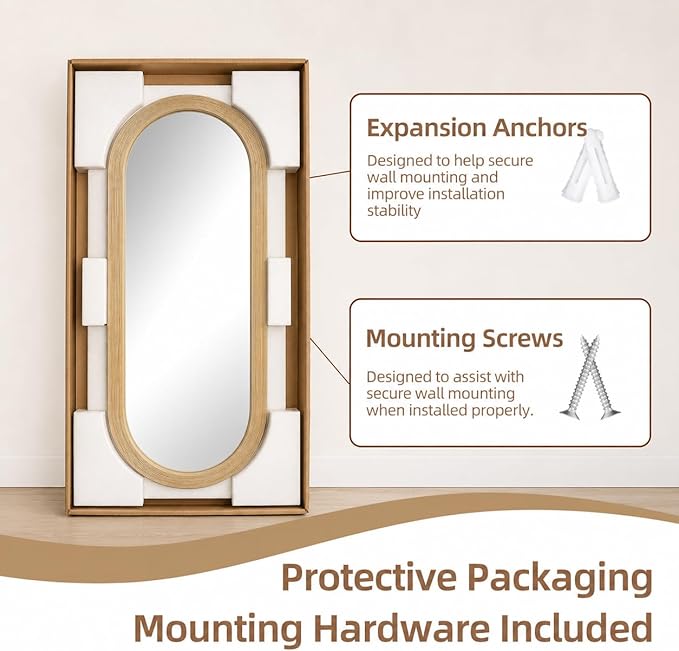 20" x 52" Oval Full Length Wall Mounted Mirror, Handwoven Natural Bamboo Frame (Warm Tone), Boho Coastal Mirror for Entryway, Bedroom, Dressing Room, Vertical & Horizontal Hanging
