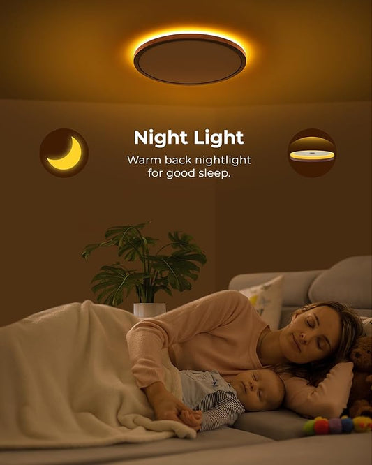 Matane 12inch LED Flush Mount Ceiling Light with Night Light, 2400LM 3000K 4000K 5000K Dimmable Light Fixture, Low Profile Ceiling Light for Bedroom, Living Room, Kitchen, Hallway, Walnut
