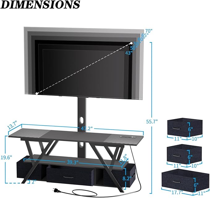 TV Stand with Swivel Mount and Power Outlet,Black Entertainment Center with LED Lights for 32-70 Inch TV, TV Console Table with Fabric Drawers Storage for Bedroom/Living Room