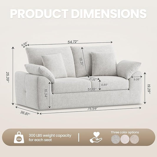75.6" Modern Loveseat Sofa for Living Room, Cloud Boneless Couches with 4 Pillows, Mid Century Loveseat couches for Small Place, No Assembly Required, Beige