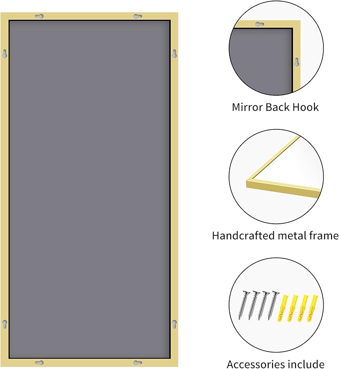 COFENY 30x55In Gold Bathroom Mirror for Wall, Brushed Gold Rectangle Mirrors with Metal Frame, Bathroom Rectangular Mirror Modern Wall Mirror for Bedroom Living Room, Hangs Horizontal or Vertical