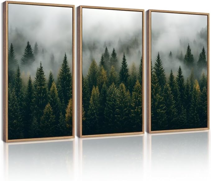Drsoum Fog Pine Tree Landscape Wall Art Framed Nature Misty Nordic Forests Prints Morden Farmhouse Rustic Artwork Hallway Bathroom Ready to Hang 16x24in Natural Framed