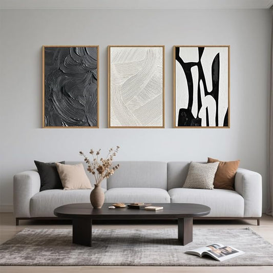 Black and White Abstract Framed Canvas Wall Art Set, Modern Textured Brushstroke Wall Decor,Neutral Minimalist Line Art Print for Living Room,Bedroom,Dining Room, Office-24 x36 x3