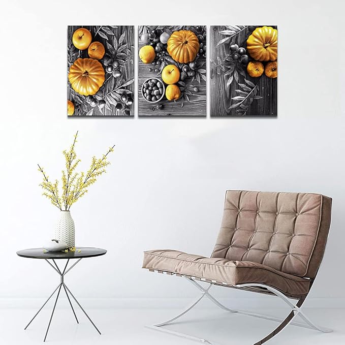 DZRWUBHS Black And White Pumpkin Wall Paintings Canvas Wall Art For Kitchen Wall Decor For Dining Room Living Room Wall Decorations For Restaurant Prints Pictures Artwork Home Decor 3 Piece Set