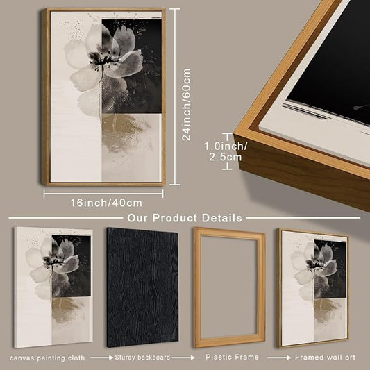 IARTTOP Framed Black Neutral Large Wall Art 16x24 Inch White Beige Abstract Floral Canvas Wall Decor Modern Minimalist Flower Paintings for Living Room Bedroom Dining room Set of 3