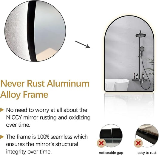 Niccy Arched LED Lighted Bathroom Mirror, 48x24 Inch Backlit Vanity Bathroom Mirror with Lights Brushed Black Framed Wall Mounted Mirrors with 3 Color Shatterproof Arch Smart Fog Free Mirror