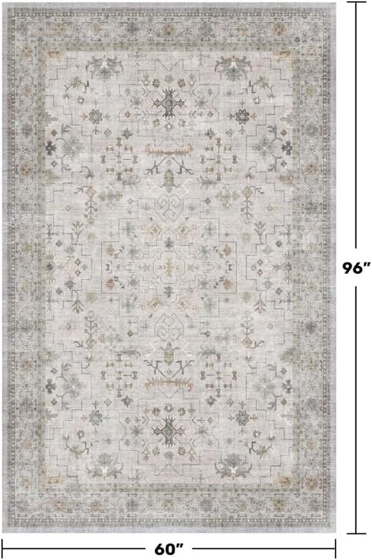 Hazo Haus Boho Light Grey 5x8 Living Room Rug - Modern Vintage Eclectic Floral Pastel Neutral Taupe, Washable Low Pile Non-Slip Large Area Rugs for Nursery Dining Under Table Bedroom Lounge