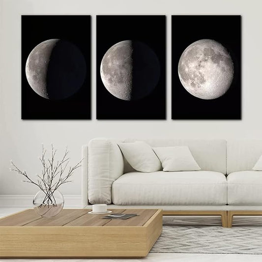 Pacimo Moon Canvas Prints Wall Art Space Pictures Paintings Modern Gallery Wrapped Black and White Abstract Sky Giclee Artwork for Living Room Bedroom Home Office Decor Ready to Hang - 16"x24"x3 Panel