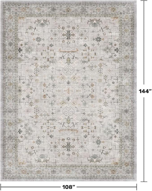 Hazo Haus Boho Light Grey Living Room Rug 9x12 - Modern Vintage Eclectic Floral Pastel Neutral Taupe, Washable Low Pile Non-Slip Extra Large Area Rugs for Dining Under Table Bedroom