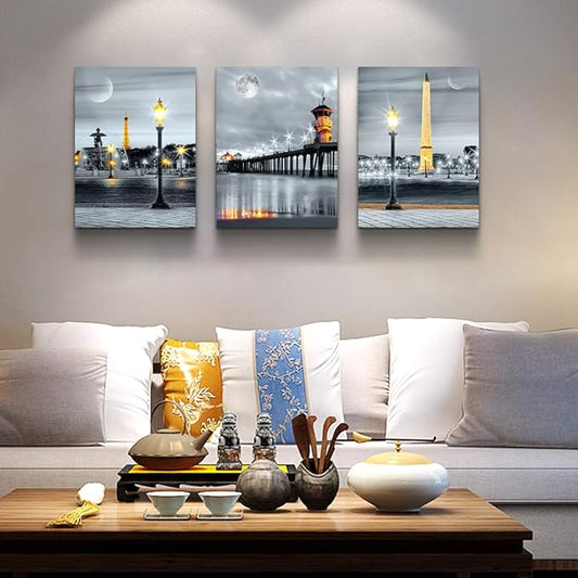 MHARTK66 Family Bedroom Wall Decor Canvas Wall Art for Living Room Modern Wall Decorations for office Black and white Night view light Paintings Kitchen Hang Pictures Artwork Home Decoration 3 Pieces