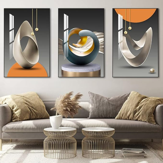 MPLONG Bright Style Large Framed Wall Art, Abstract Modern Art Shape Pattern White Blue Yellow Grey Wall Art Artfully Matching Living Room Bedroom Office Wall Decor - 24"x 32"x 3 Panels