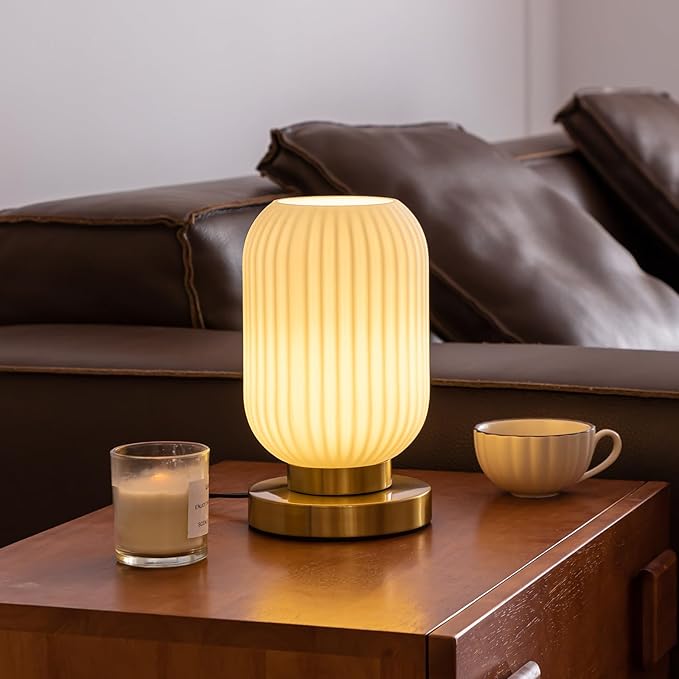 Bedside Table Lamp with Glass Shade, Small Nightlight Lamp Elegant Milky White Glass Nightstand Lamp Modern Desk Lamp with Plug-in Style for Bedroom Living Room Tabletop Dia5.9 x H9.8