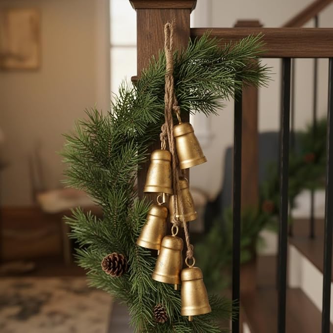 Vintage Gold Metal Cow Bell Garland, Set of 6 Handmade Hanging Bells with Jute Rope, Rustic Farmhouse Ranch-Style Distressed Bells for Porch Wreath Walls Mantels Patio Xmas Décor