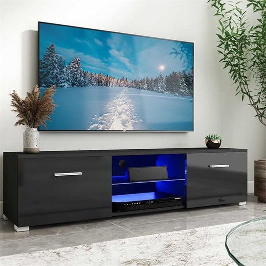 LED TV Tables for Living Room 57 Inch TV Cabinet Stands Modern Furniture TV Unit Bracket with 2 Drawers and Glass Shelves (Color : Black) (Black)
