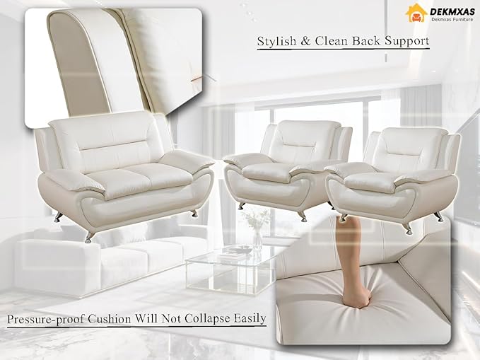 Leather Sofa for Apartment, Living Room Furniture Sets, Living Room Creamy White Sofa Couches Set Loveseat and 2 Chairs for Bedroom, Office