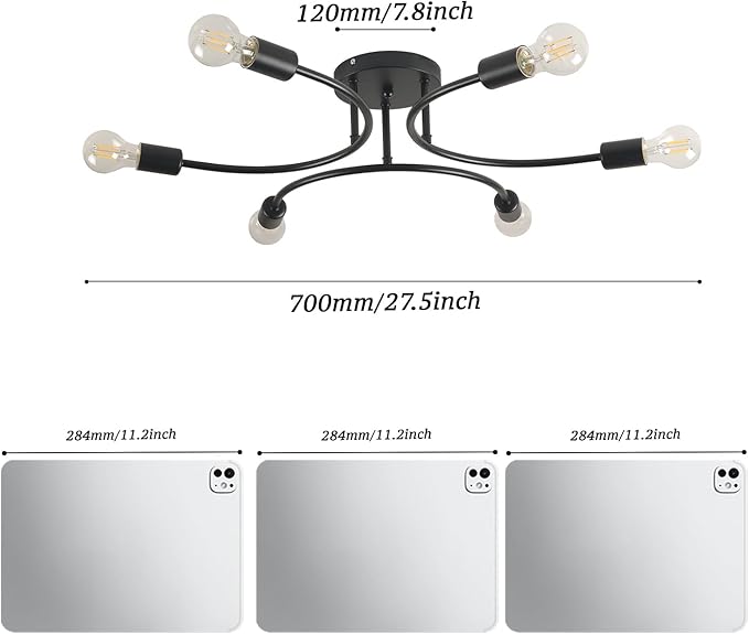 FRIXCHUR 6-Light Sputnik Chandelier, Black Mid-Century Modern Semi Flush Mount Ceiling Light, Metal Fixture with E26 Sockets for Bedroom, Living Room, Kitchen (Bulbs Not Included)